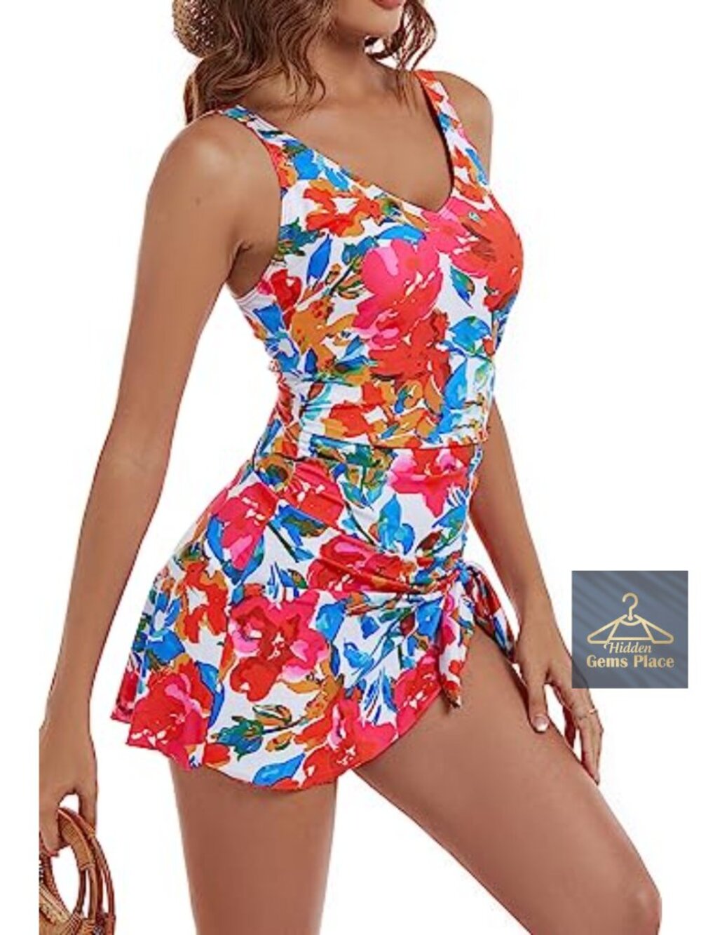 One Piece Swim Dress Tummy Control V Neck Ruched Bathing Suit - Picture 3 of 5